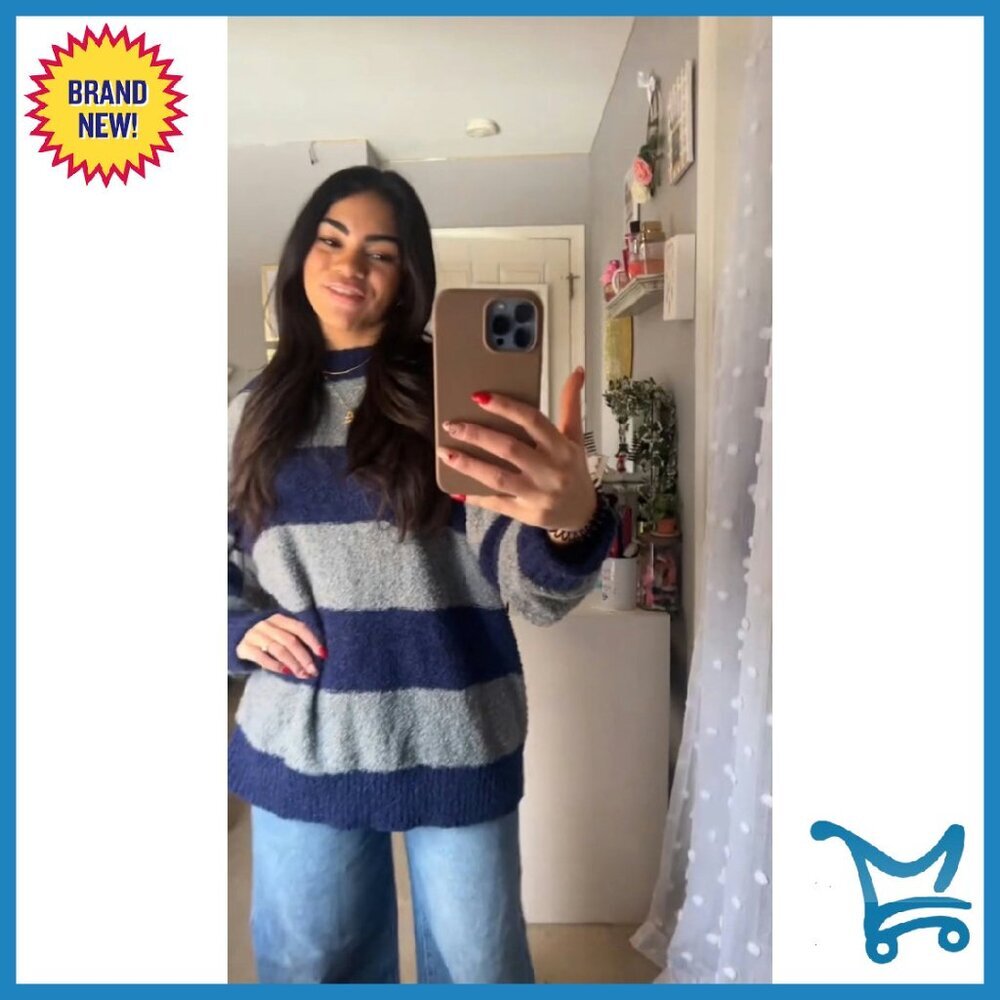 Oversized Striped Pullover Sweater 100% Polyester Long Sleeve Crewneck - Picture 7 of 8